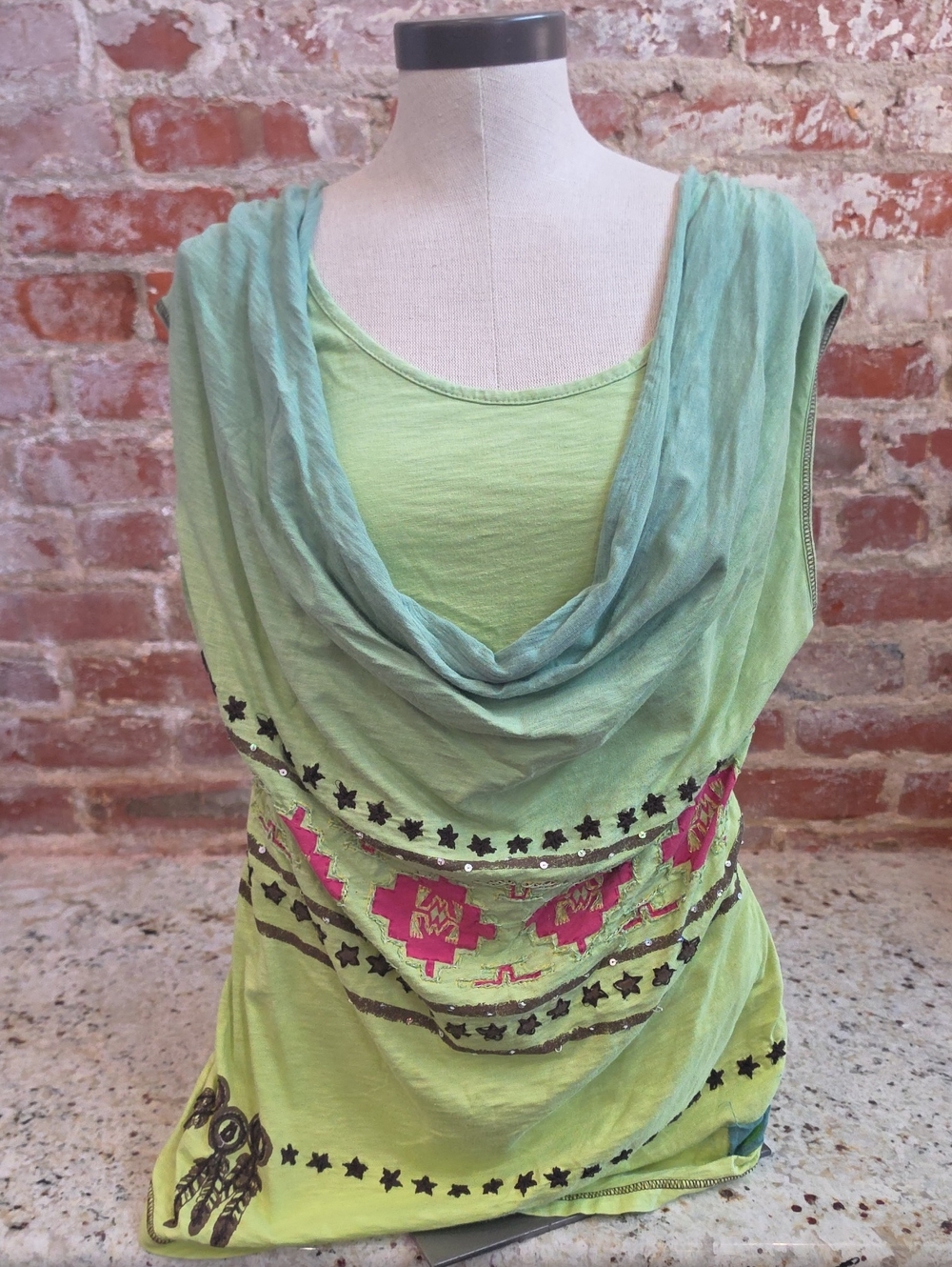 Double D Ranch Light Green Sleeveless Draped Neck Tank w\ Pink Embroidery - 1822
